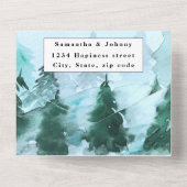 冬の松の木RSVP水の色の森結婚の オールインワン招待状 (裏面)