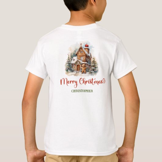 冬の松の森のかわいいジンジャーパンの家 Tシャツ (裏面)