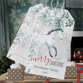 冬の松の白馬陽気なクリスマス ギフトタグ