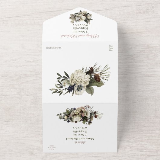 冬の松の花のクリーム色の芍薬エレガントウェディング オールインワン招待状 (外側)