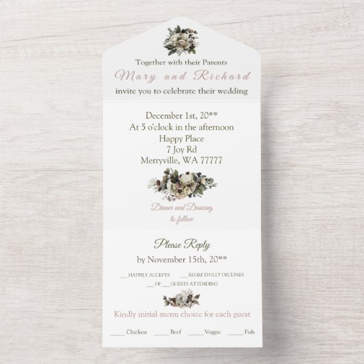 冬の松の花のクリーム色の芍薬エレガントウェディング オールインワン招待状 (内側)