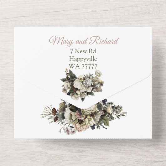 冬の松の花のクリーム色の芍薬エレガントウェディング オールインワン招待状 (裏面)