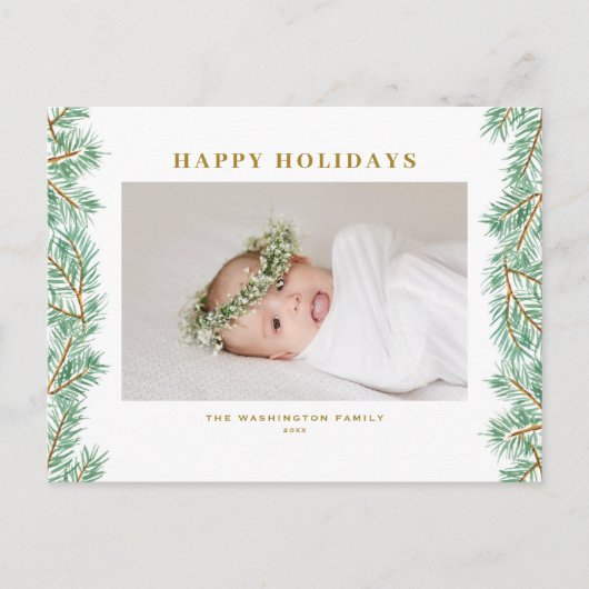 冬の松の針ガーランド写真ハッピーホリデー シーズンポストカード (正面)