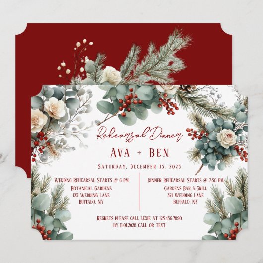 冬の松の針レッドベリーリハーサルディナー 招待状 (正面/裏面)