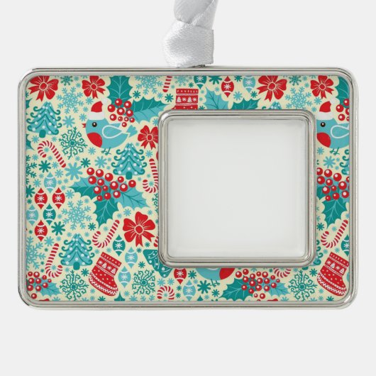 冬の松の鳥クリスマスパターン シルバープレートフレームオーナメント (正面)
