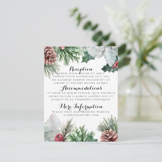 冬の松ぼっくりとホリーデザインの受付カード エンクロージャーカード (スタンド正面)