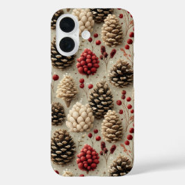 冬の松ぼっくりと赤い実 iPhone 16ケース