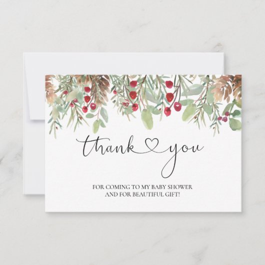 冬の松ぼっくり 赤い実のベイビーシャワー お礼 サンキューカード (正面)