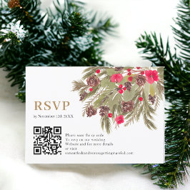 冬の松エレガンス赤い緑の結婚式Rsvp qr 出欠カード