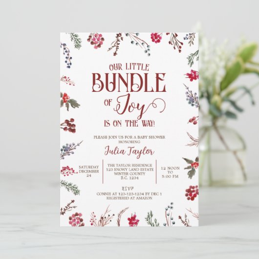 冬の果実とホリーベビーシャワー、小さなバンドル 招待状 (スタンド正面)