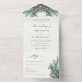 冬の果実と松の水の色の緑結婚の オールインワン招待状 (内側)