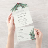 冬の果実と松の水の色の緑結婚の オールインワン招待状 (貼ってはがせる)