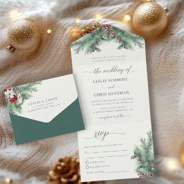 冬の果実と松の水の色の緑結婚の オールインワン招待状