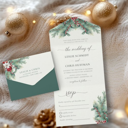 冬の果実と松の水の色の緑結婚の オールインワン招待状