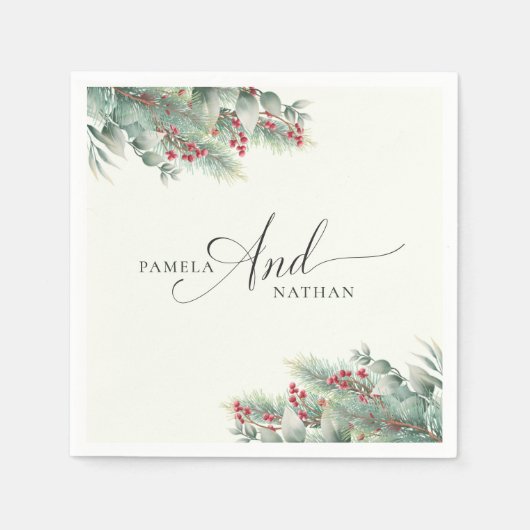 冬の果実と松の水の色の緑結婚の スタンダードカクテルナプキン (正面)
