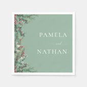 冬の果実と松の水の色の緑結婚の スタンダードカクテルナプキン (正面)