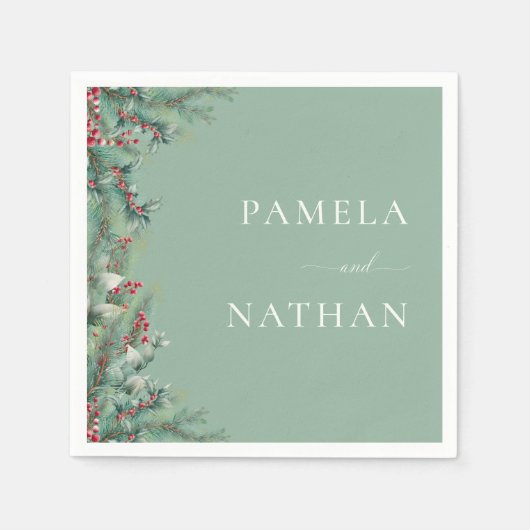冬の果実と松の水の色の緑結婚の スタンダードカクテルナプキン (正面)