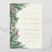 冬の果実と松の水の色の緑結婚の 箔招待状 (正面)