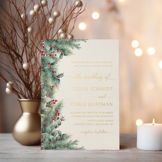 冬の果実と松の水の色の緑結婚の 箔招待状