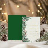 冬の果実と松の水の色の緑結婚の 箔招待状