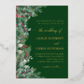冬の果実と松の水の色の緑結婚の 箔招待状 (正面)