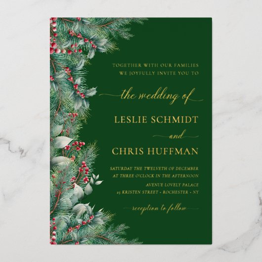 冬の果実と松の水の色の緑結婚の 箔招待状 (正面)
