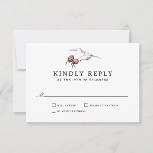冬の果実の水の色の植物結婚式RSVP 出欠カード (正面)