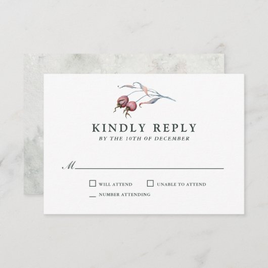 冬の果実の水の色の植物結婚式RSVP 出欠カード (正面/裏面)
