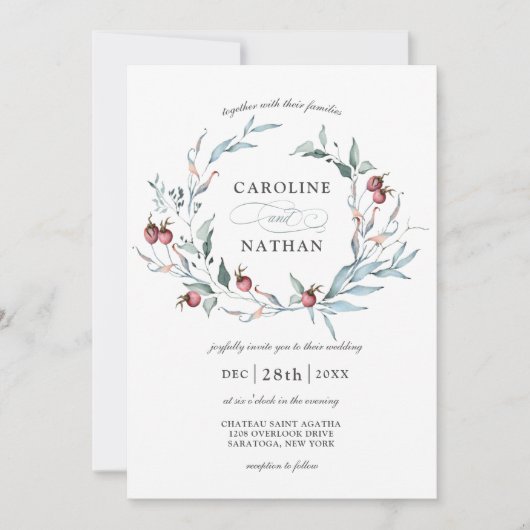 冬の果実の水彩植物性リース結婚ズ 招待状 (正面)