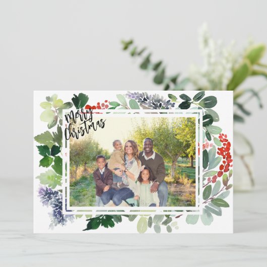 冬の果実の緑のフレーム写真クリスマスカード (スタンド正面)