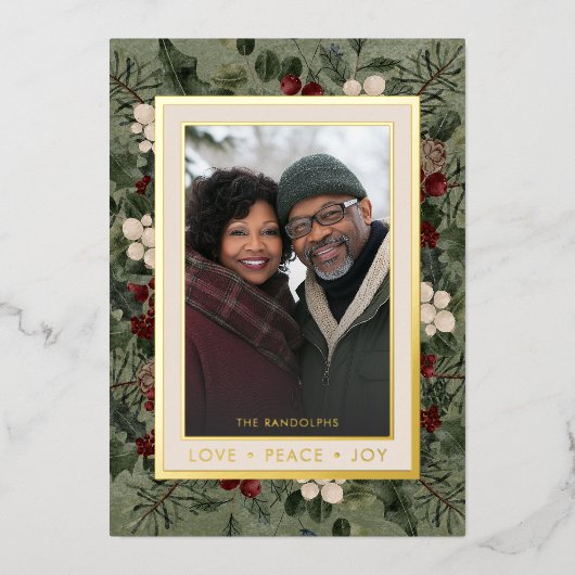 冬の果実の緑の愛の平和の喜び写真 箔シーズンカード (正面)