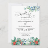 冬の果実ホリー水の色のウェディングレセプション 招待状 (正面)