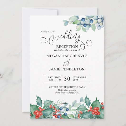冬の果実ホリー水の色のウェディングレセプション 招待状 (正面)
