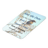 冬の枝に止まるスズメのSave the Date マグネット (左側)