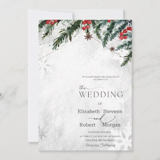 冬の枝レッドベリー雪結婚片 招待状 (正面)