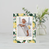 冬の柑橘類と緑のパターンのクリスマスフォト 箔シーズンポストカード (立ち正面)