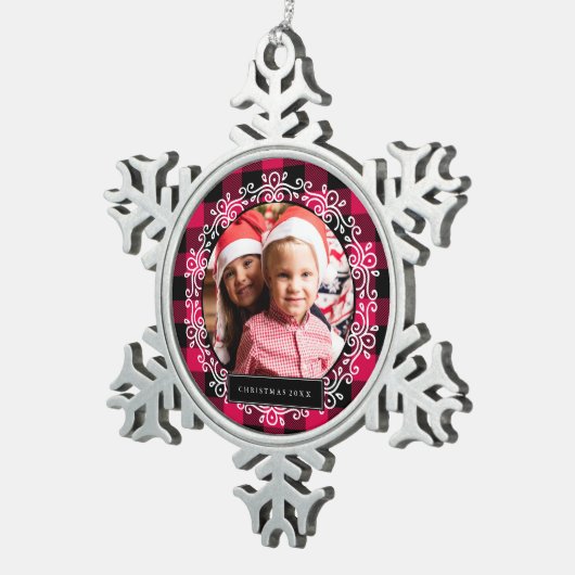 冬の格子模様のクリスマスフォト スノーフレークピューターオーナメント (右)
