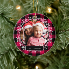 冬の格子模様のクリスマスフォト セラミックオーナメント