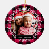 冬の格子模様のクリスマスフォト セラミックオーナメント (正面)