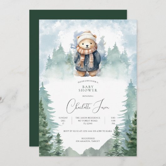 冬の森かわいいクマ赤ちゃんシャワー招待状 招待状 (正面/裏面)