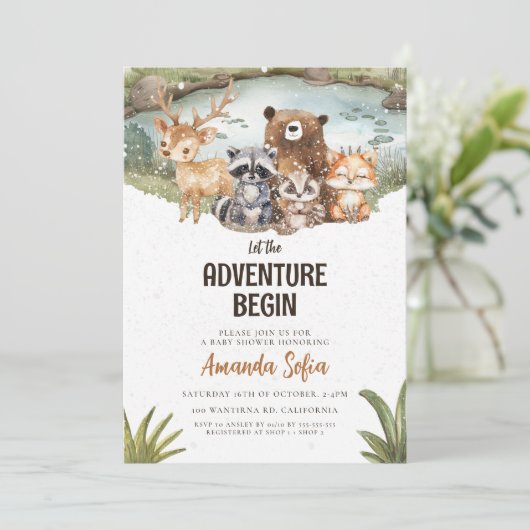 冬の森かわいい動物の赤ちゃんシャワー 招待状 (スタンド正面)