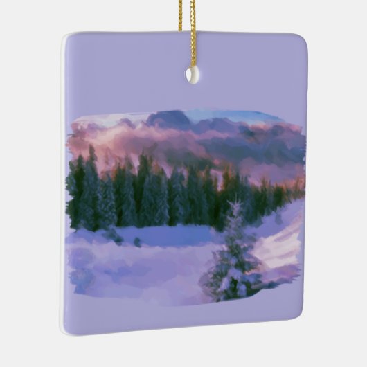 冬の森が雪に映る紫の光を初めて セラミックオーナメント (右)