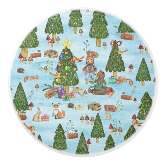 冬の森でクリスマスの動物とランバージャック セラミックノブ (正面)