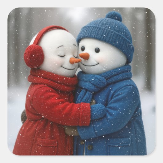 冬の森で抱き合う雪だるまカップル スクエアシール (正面)