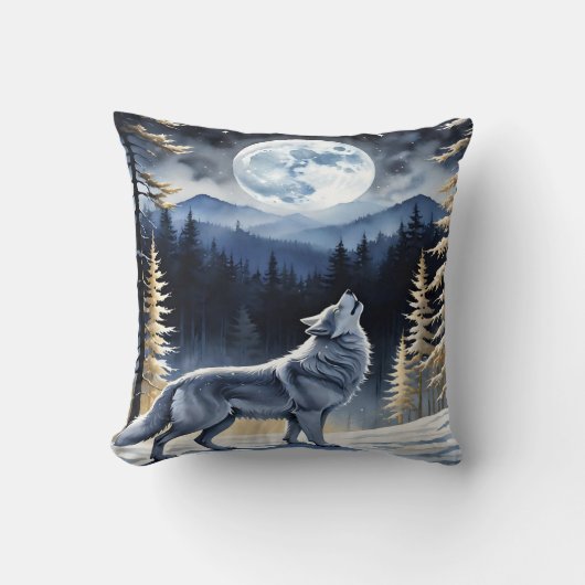 冬の森で満月の下で吠える狼 クッション (正面)