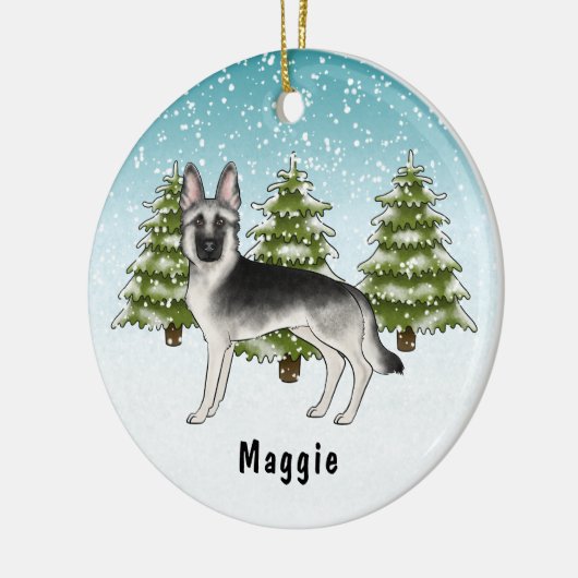 冬の森で銀色のセーブルドイツシェパード犬 セラミックオーナメント (左)