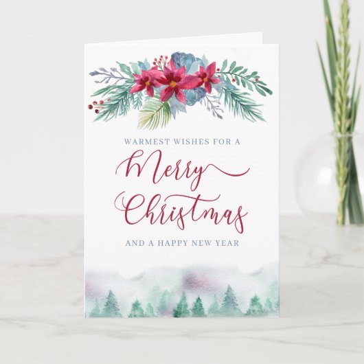 冬の森とクリスマスのポインセチアガーランド シーズンカード (正面)