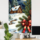 🏡 冬の森に佇む月明かりの雪景色のキャビン ポスター (ホームオフィス)