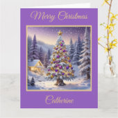 冬の森に咲く紫と金ゴールドのクリスマスツリー カード (黄色い花)