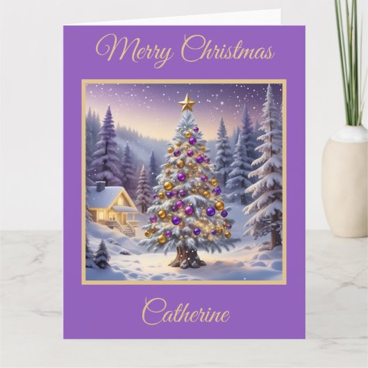 冬の森に咲く紫と金ゴールドのクリスマスツリー カード (正面)